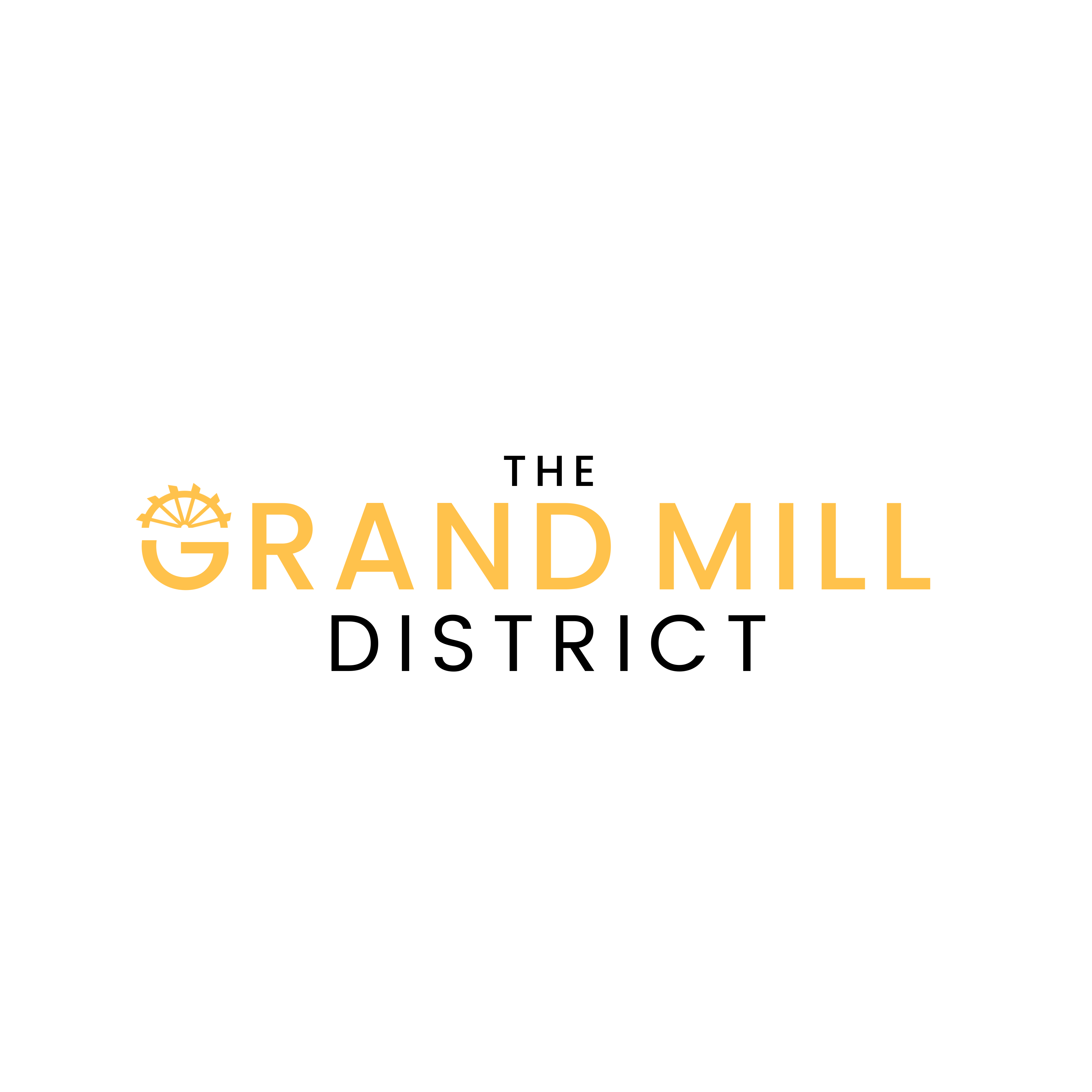 The Grand Mill District logo on a green background.